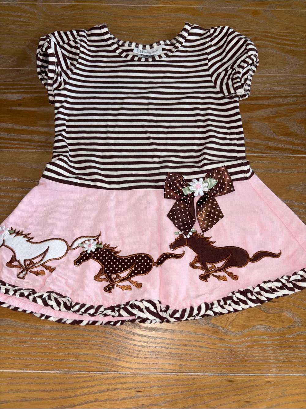 Bonnie Jean Pink and Brown Striped Horse Appliqué Dress